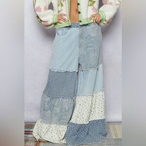 POL Patchwork Wide-Leg Denim Pants floral print blue boho